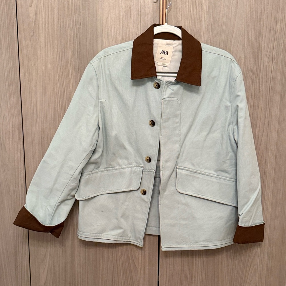 ZARA Light Blue Utility Jacket with Brown Collar